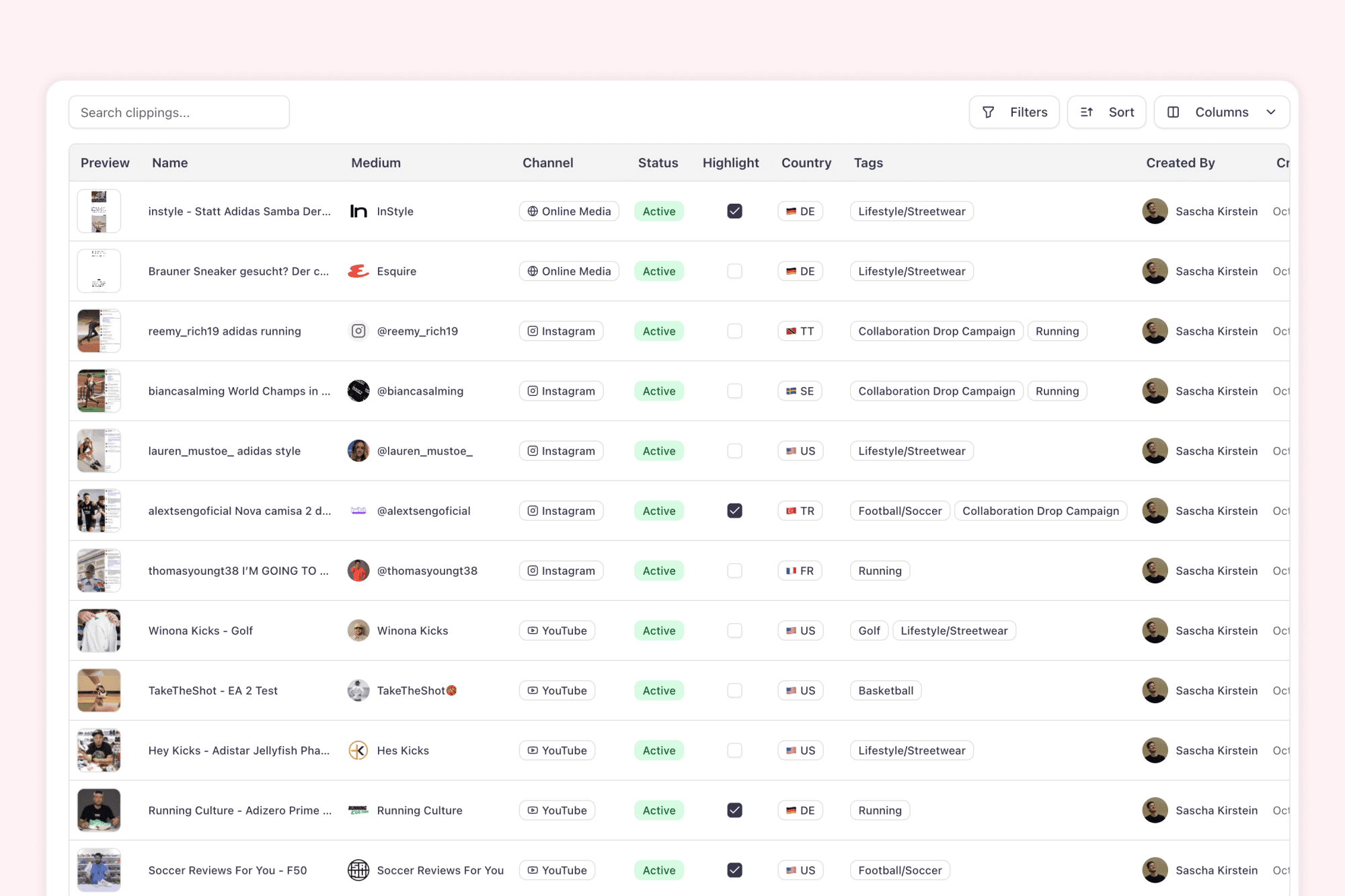 Clippings table in aclipp with entries from multiple sources and channels, including tags, KPIs, and filters