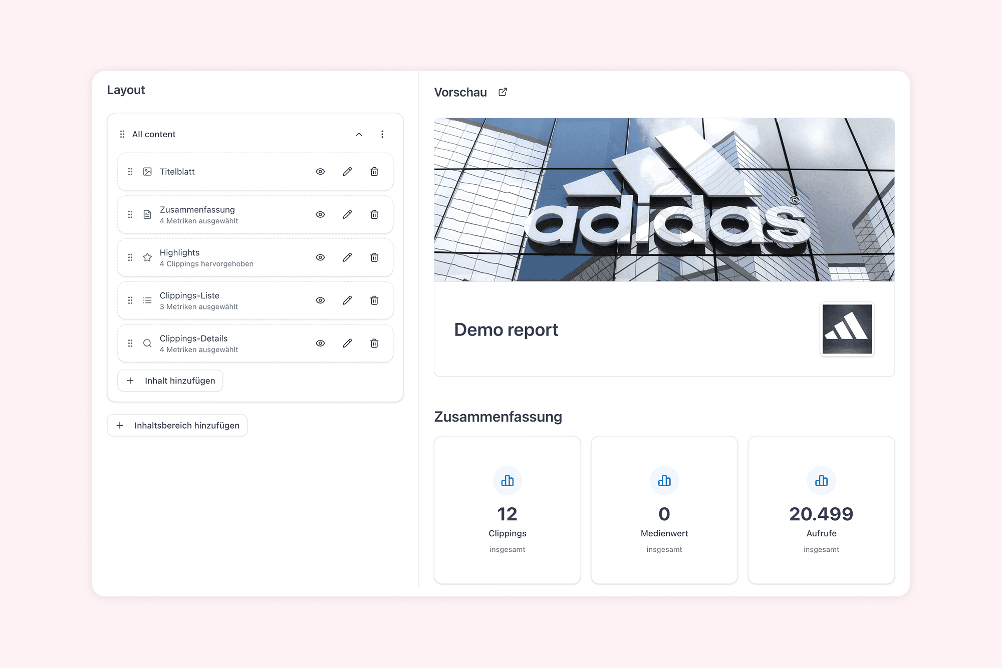 Report builder in aclipp with freely selectable sections and KPIs
