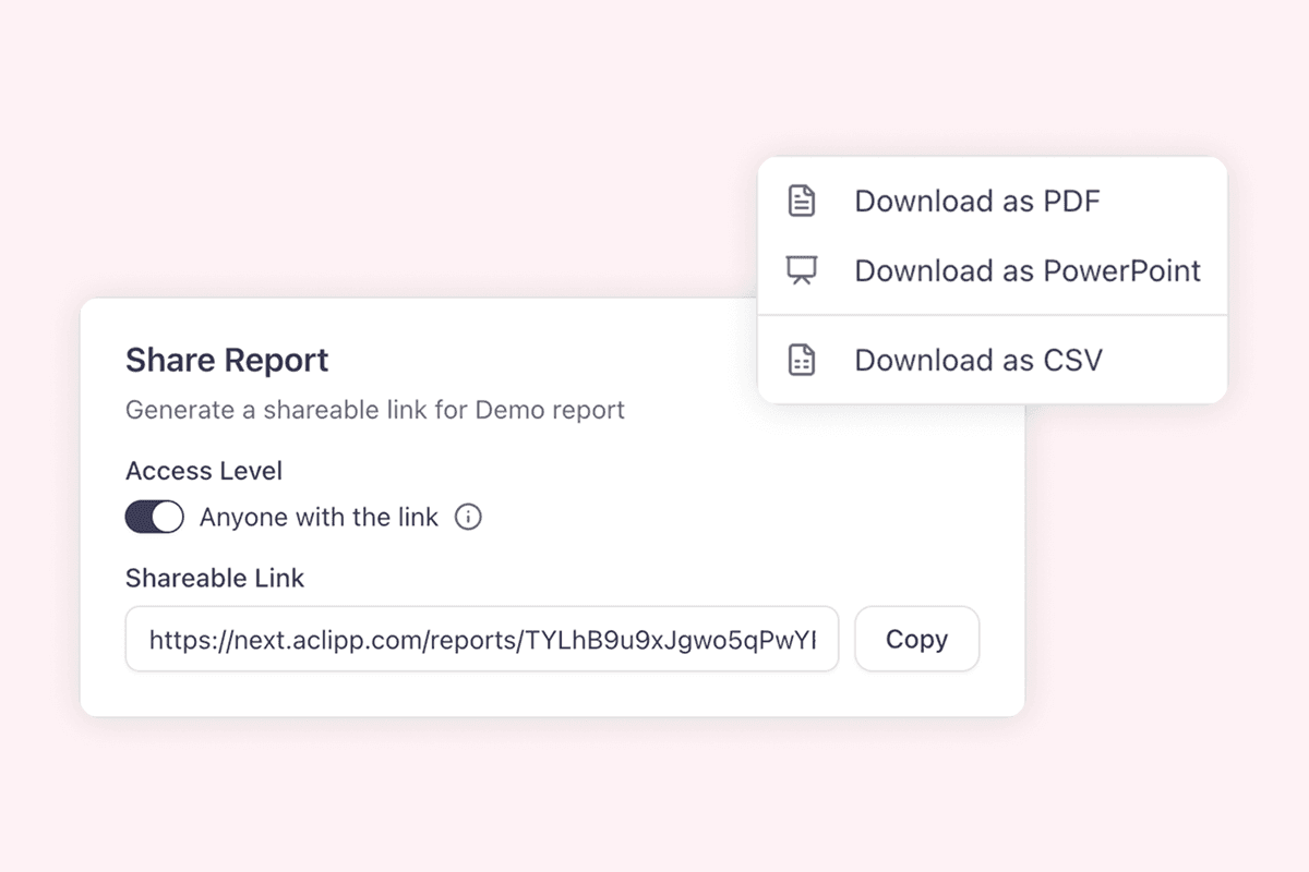 Selection of export and sharing options for reports