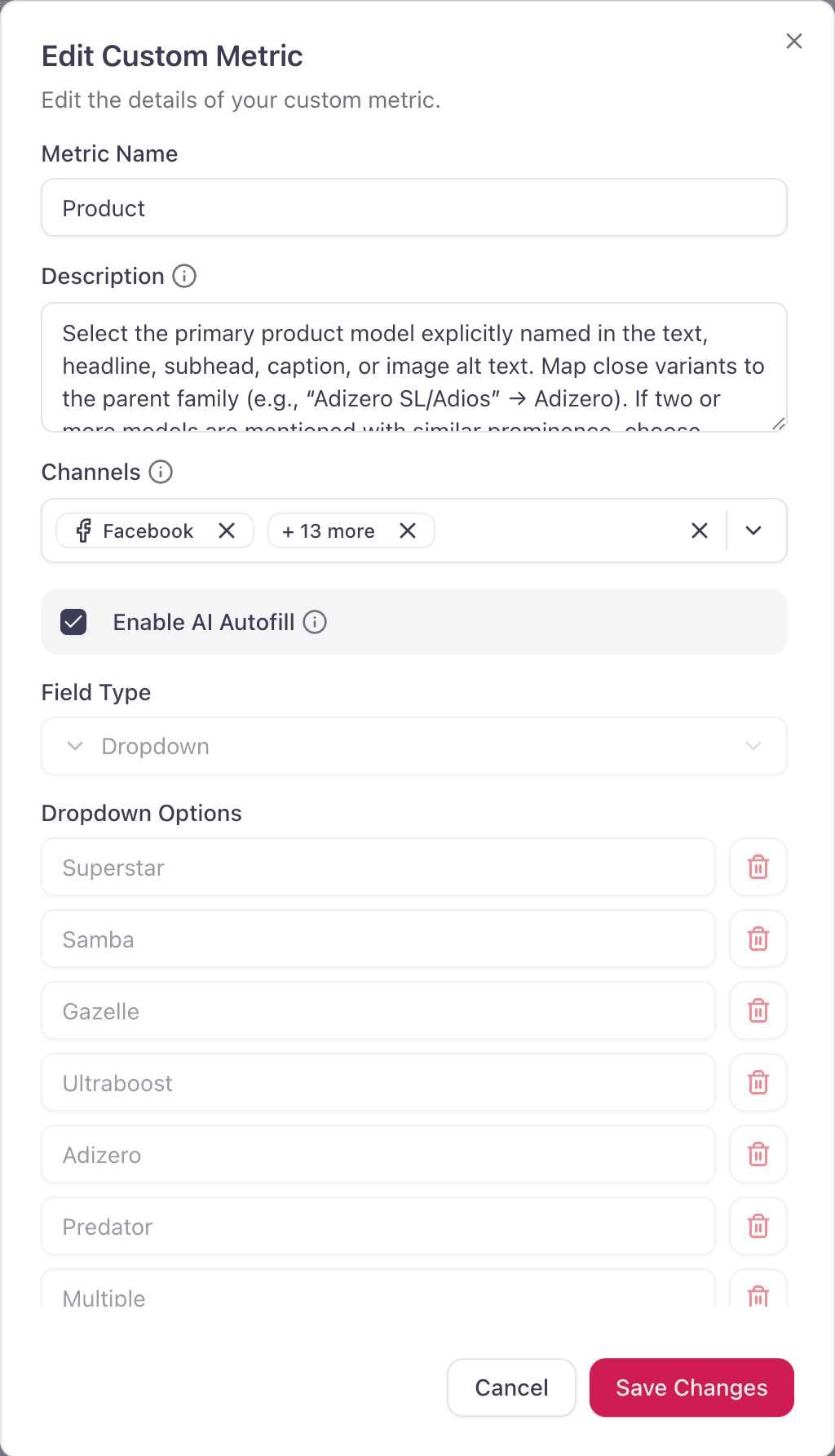 Custom metric configuration with a description field for AI suggestions