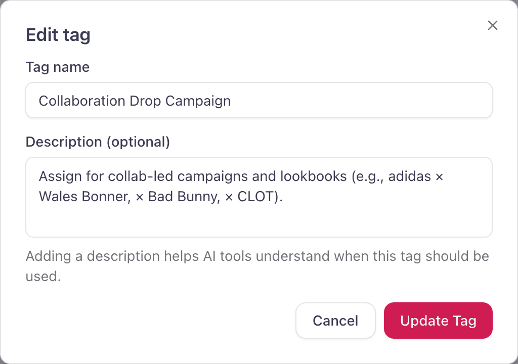 Custom tag configuration with a description field for AI suggestions